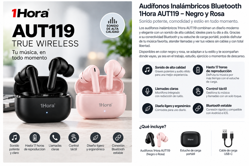 Audífonos Inalámbricos Bluetooth 1Hora AUT119 – Negro y Rosa