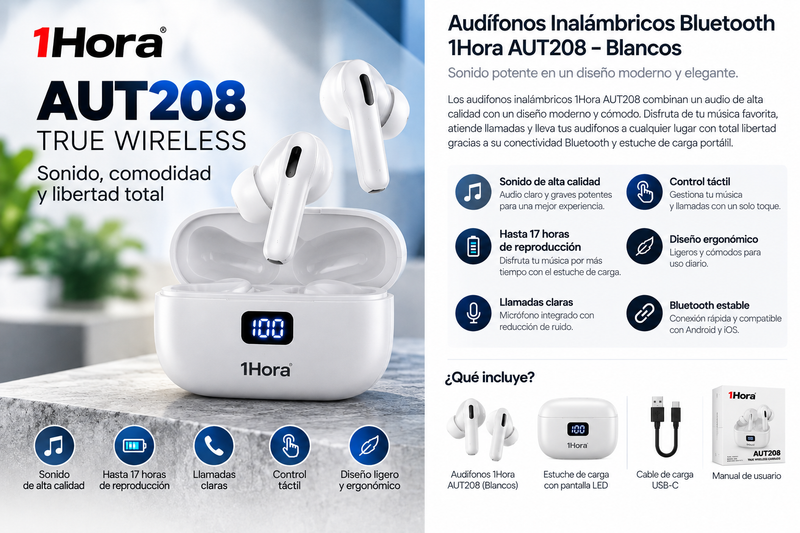 Audífonos Inalámbricos Bluetooth 1Hora AUT208 Blancos – Sonido y Comodidad