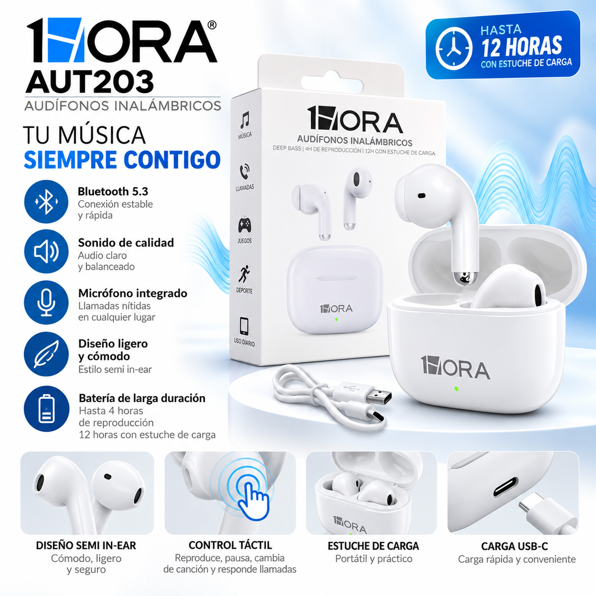 Audífonos Inalámbricos Bluetooth 1Hora AUT203 Negros Y Blancos – Hasta 17 Horas de Batería