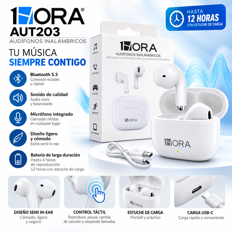 Audífonos Inalámbricos Bluetooth 1Hora AUT203 Negros Y Blancos – Hasta 17 Horas de Batería